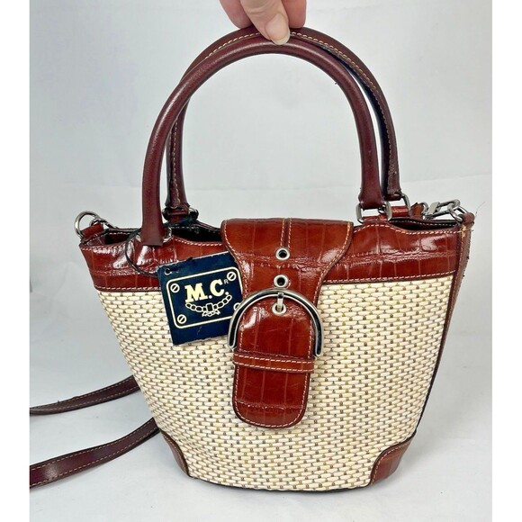 NWT MC Marc Chantal Shoulder Bag Brown Leather Trim Woven Straw Nickel Hardware - Picture 2 of 16